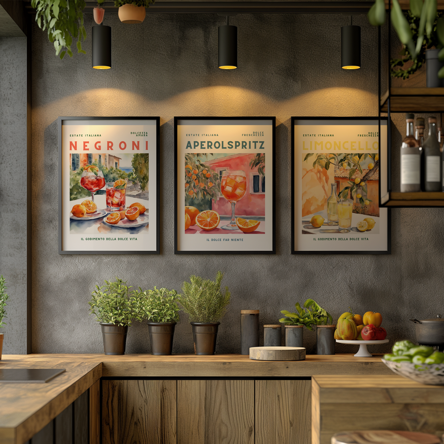 Vintage Cocktail Gallery Wall Set of 3 | Unique Kitchen Gallery Wall Art Set