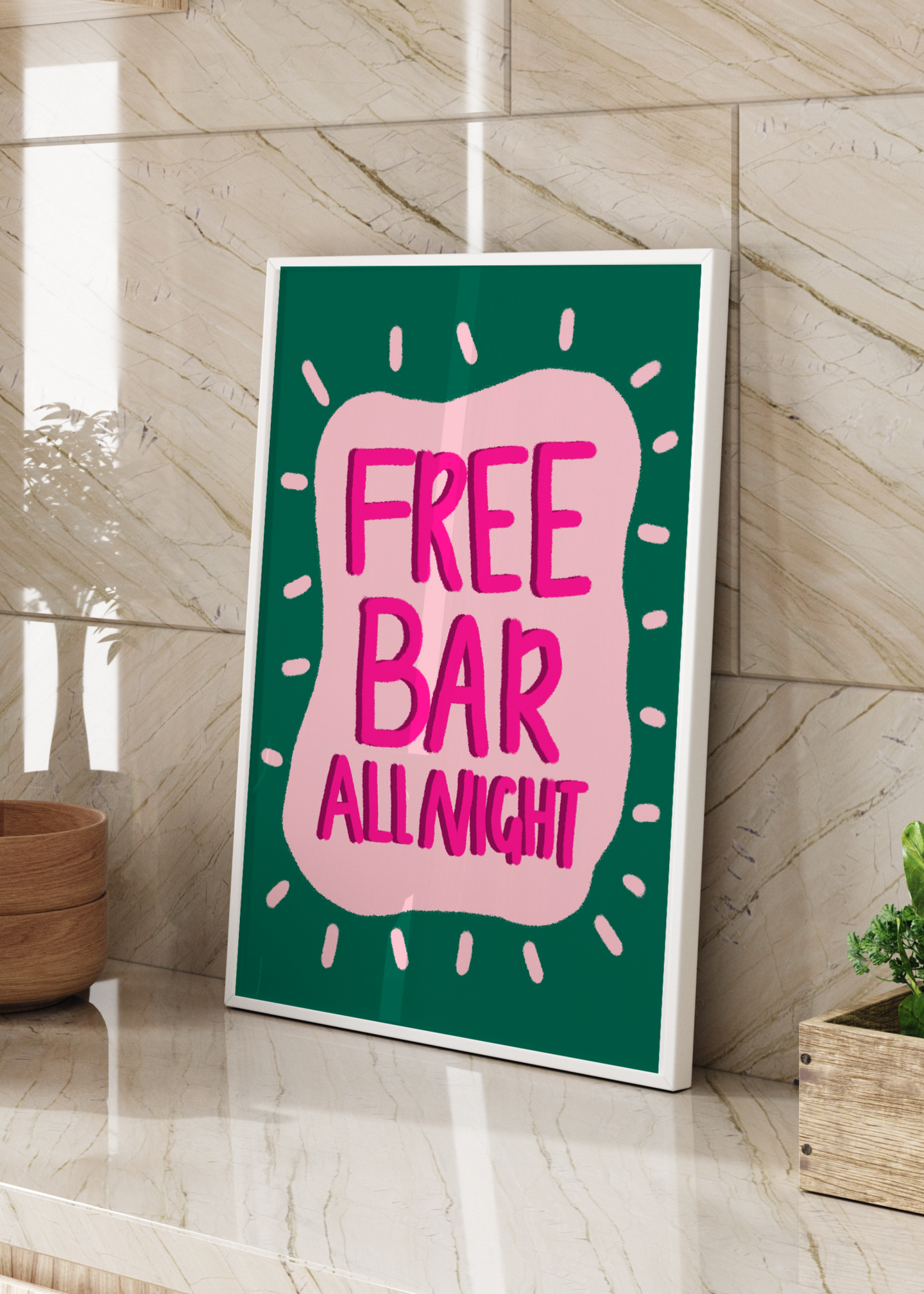 Free Bar All Night Print | Kitchen Wall Art | By Pink Giraffe Print Co