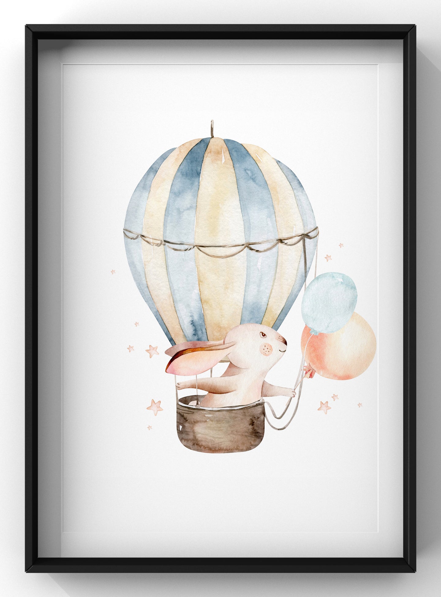 Cute Dreaming Rabbit Hot Air Balloon Nursery Print | Watercolour Bunny Wall Art