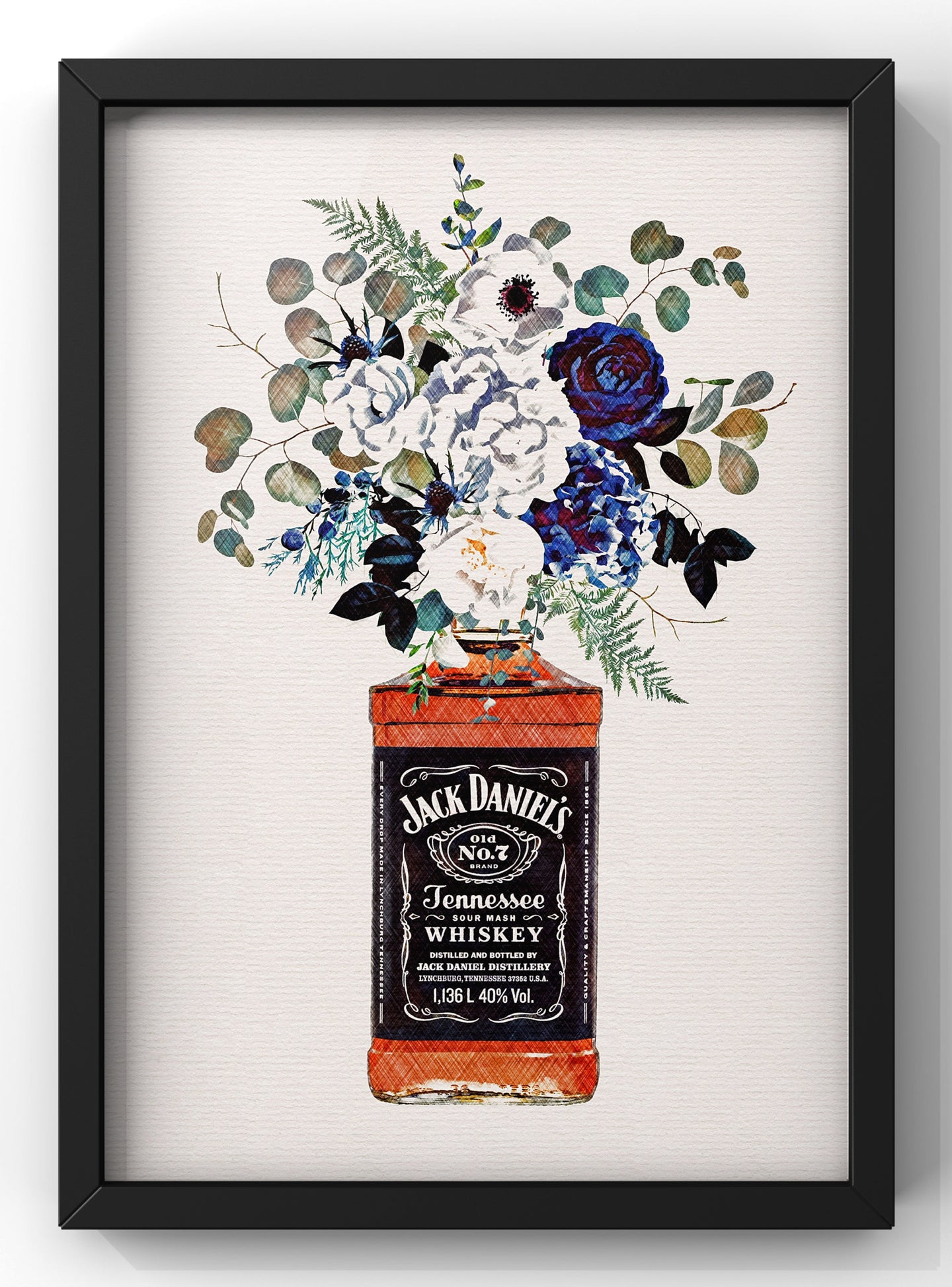 Jack Daniels Print | Floral Whiskey Bottle | Floral Bar Wall Art