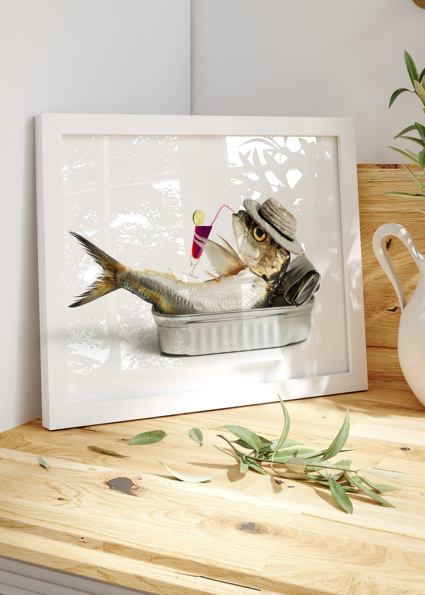 Weird and Wonderfull Sardine Drinking in Can | Quirky Wall Art Print