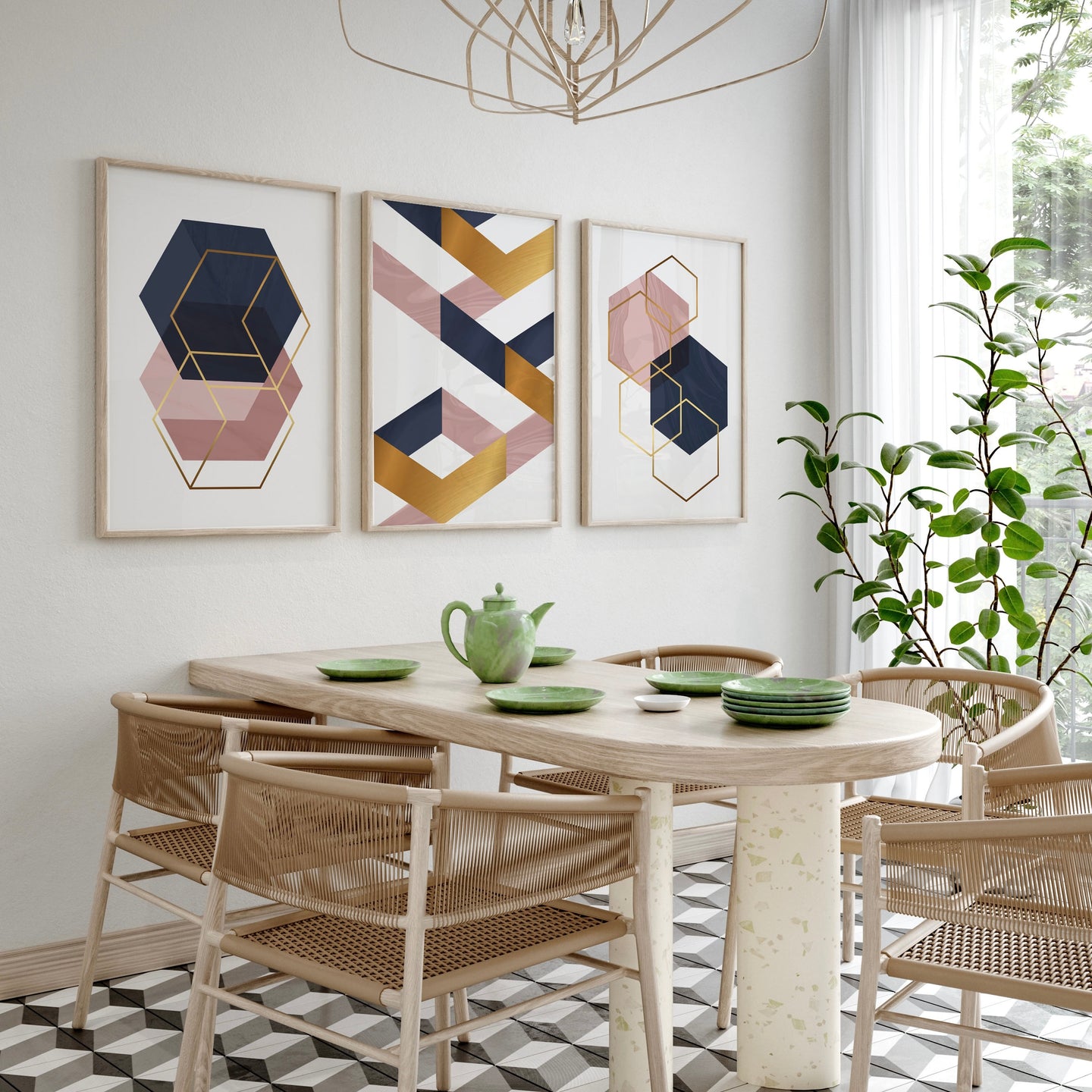 Geometric Pink & Gold Contemporary Art Print Set of 3 | Natural Terracotta Trio | Gallery Wall Set